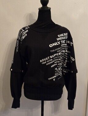 Diesel Womens Crewneck Sweatshirt Snap Sleeves Black White Graphics Small